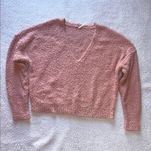 Free People Pink V-Neck Sweater with Textured Knit